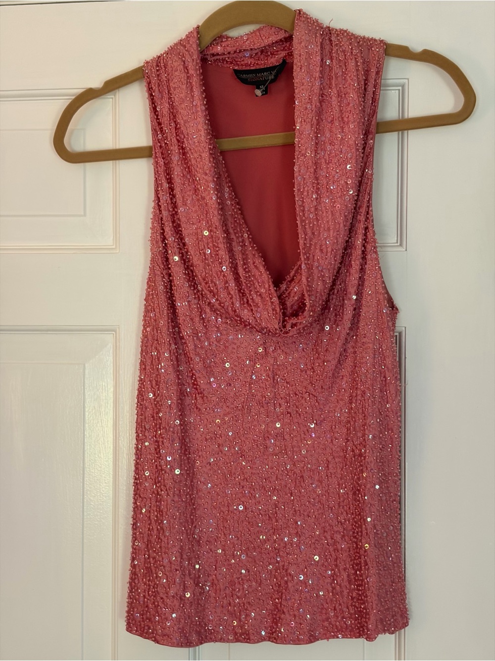 Carmen Marc Valvo Pink Sequin Cowl Neck Top